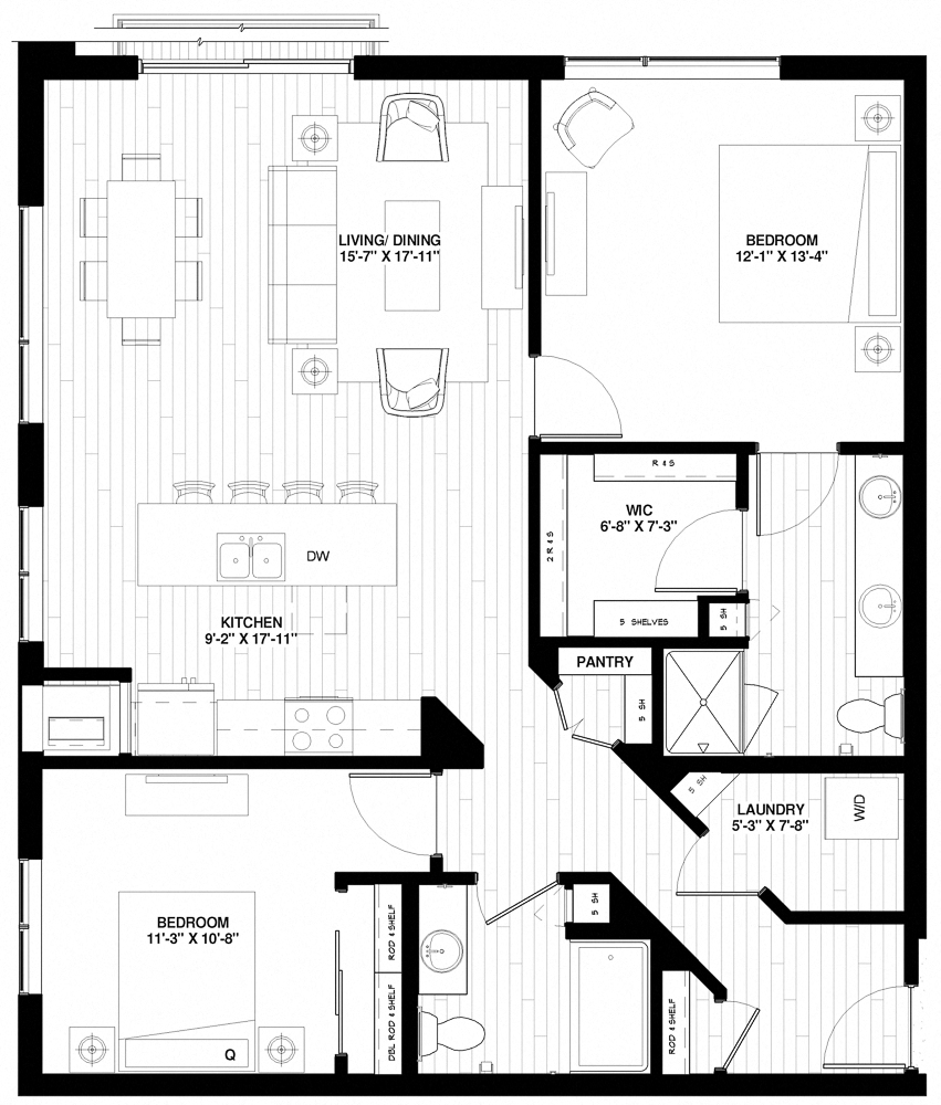 Floor plan for 2 beds, 2 baths, 1236 sqft